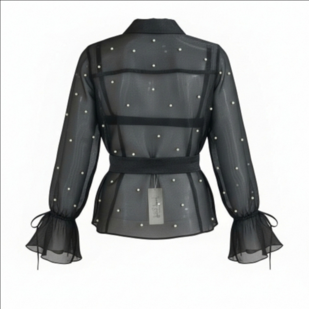 Joseph Ribkoff Black Sheer Organza Blouse Faux Pearls Bell Sleeve Tie Waist NWT4 - Picture 14 of 14